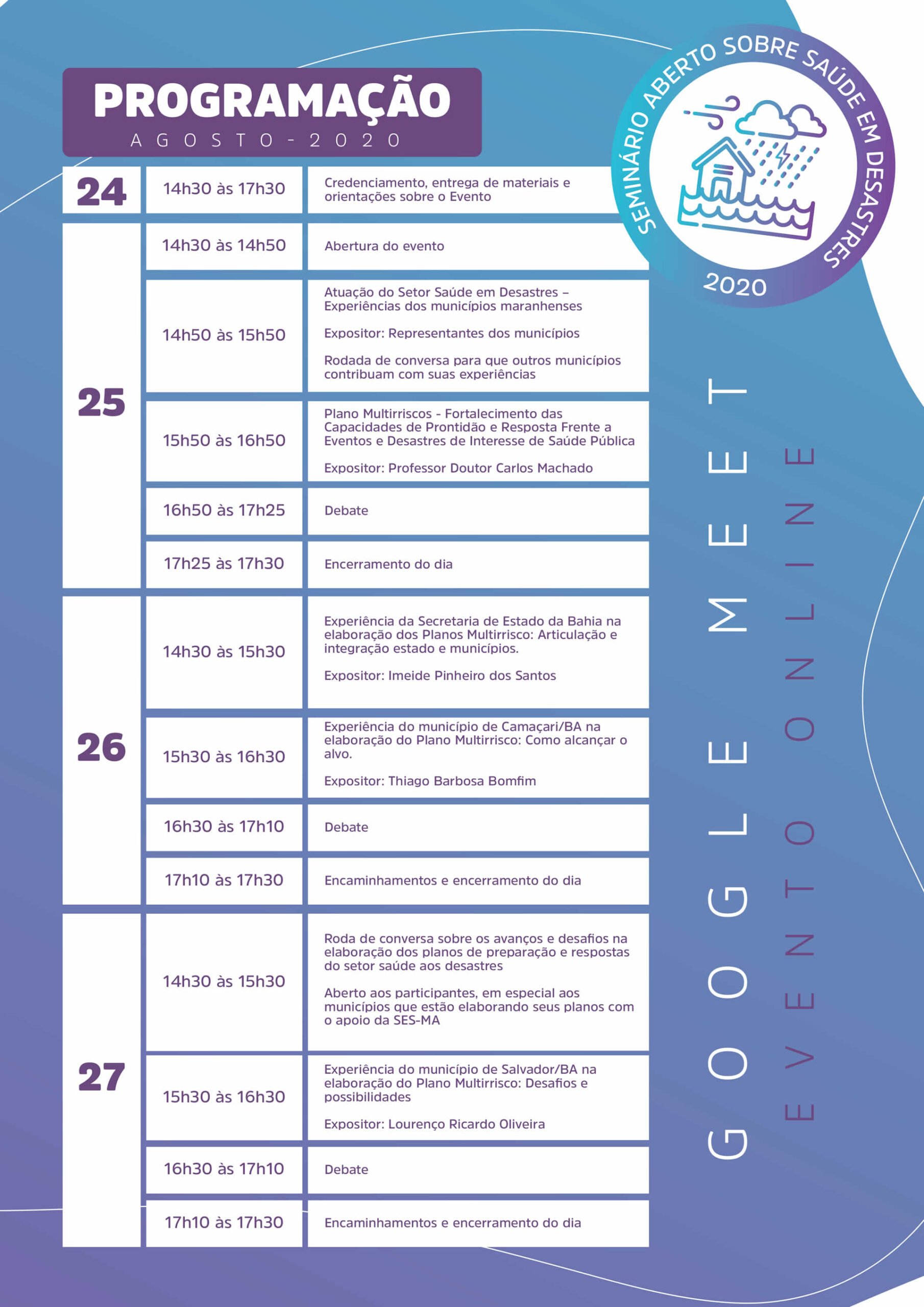 Seminário Aberto sobre saúde em desastres - Programação Completa